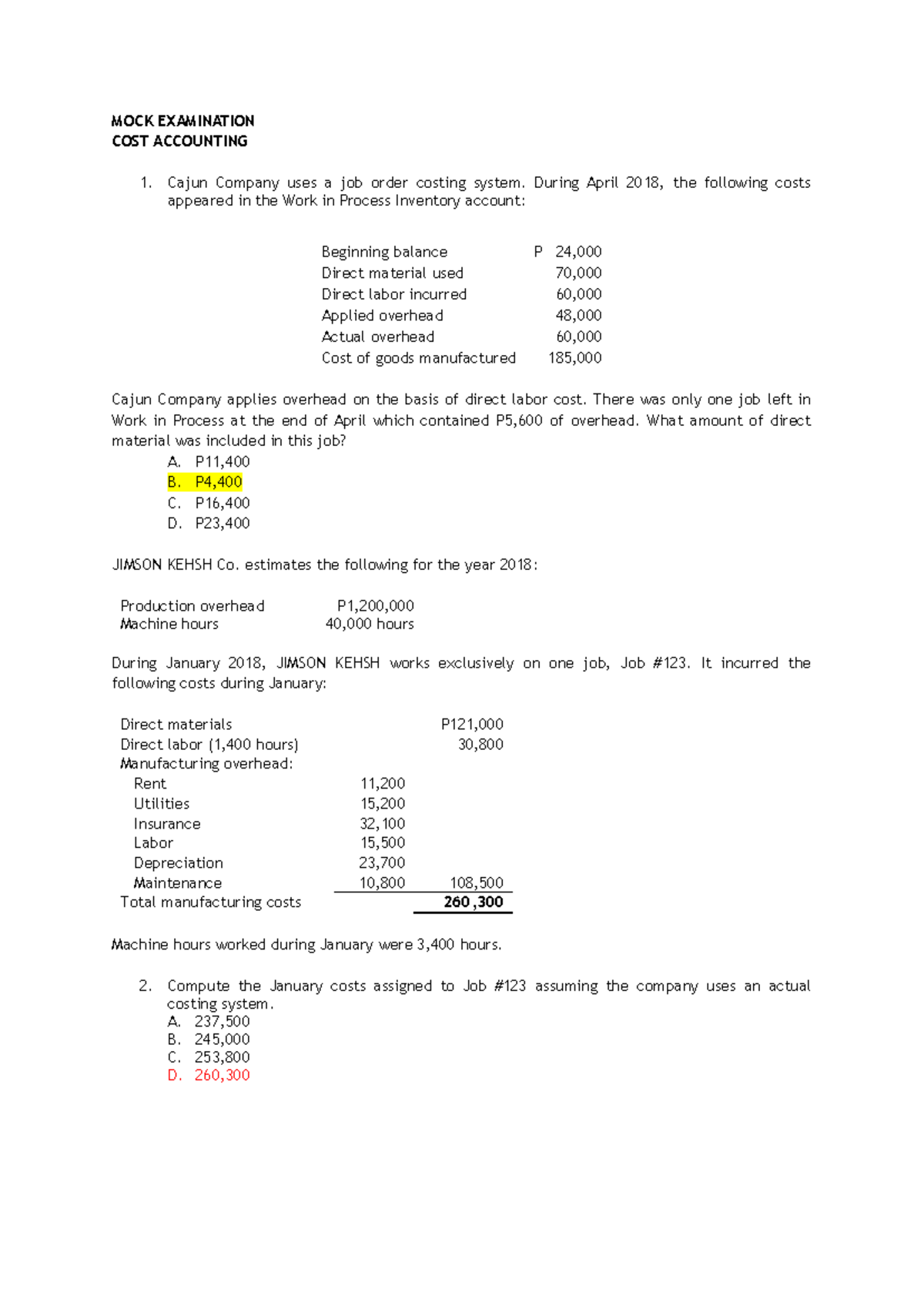 COST ACCOUNTING 1: MOCK EXAMINATION PRACTICE QUESTIONS - Studocu