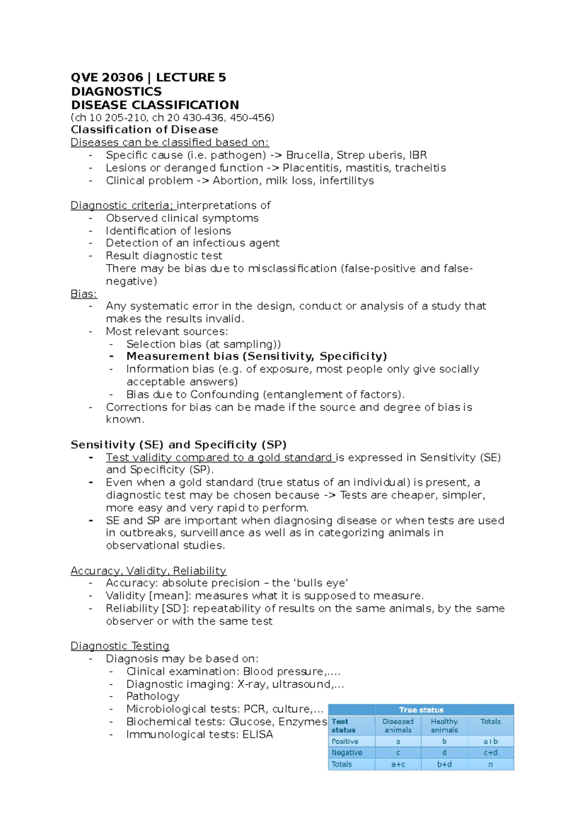 QVE 20306 LECTURE 5 DIAGNOSTICS: SE, SP, AND PREDICTIVE VALUE - Studeersnel