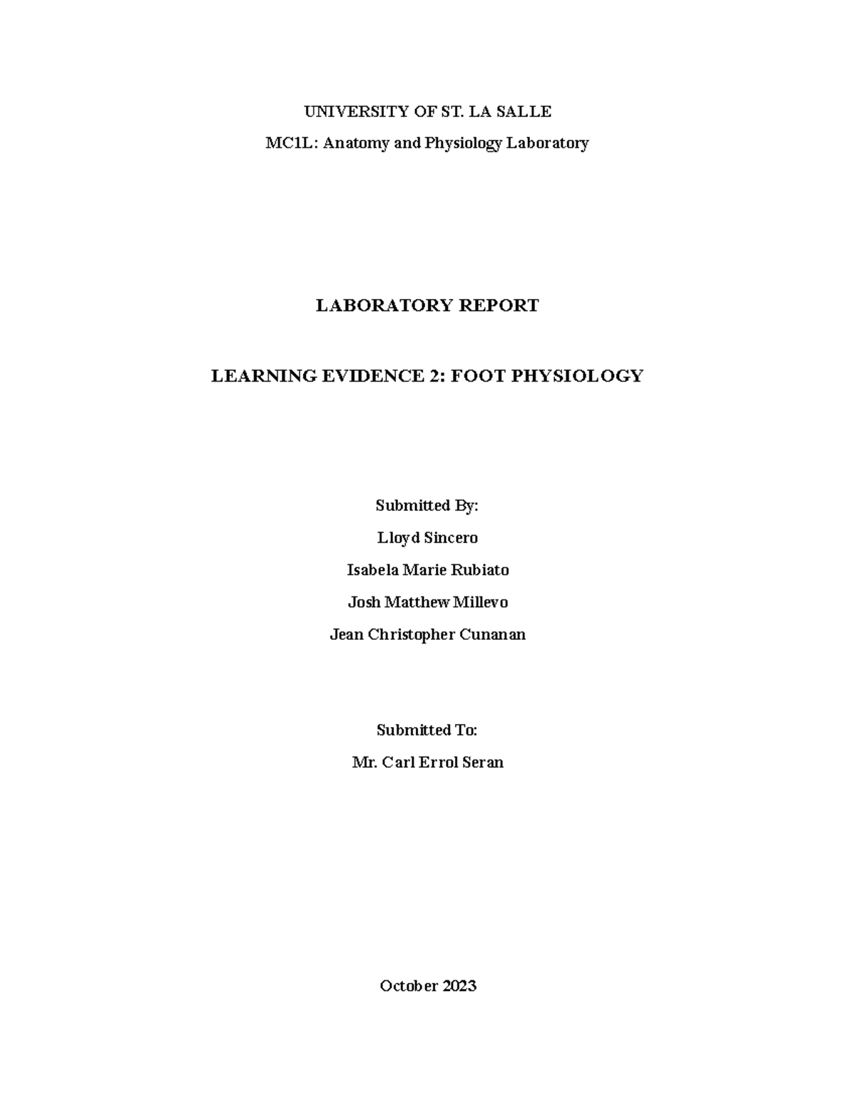 Lab Report - group 8 - UNIVERSITY OF ST. LA SALLE MC1L: Anatomy and ...