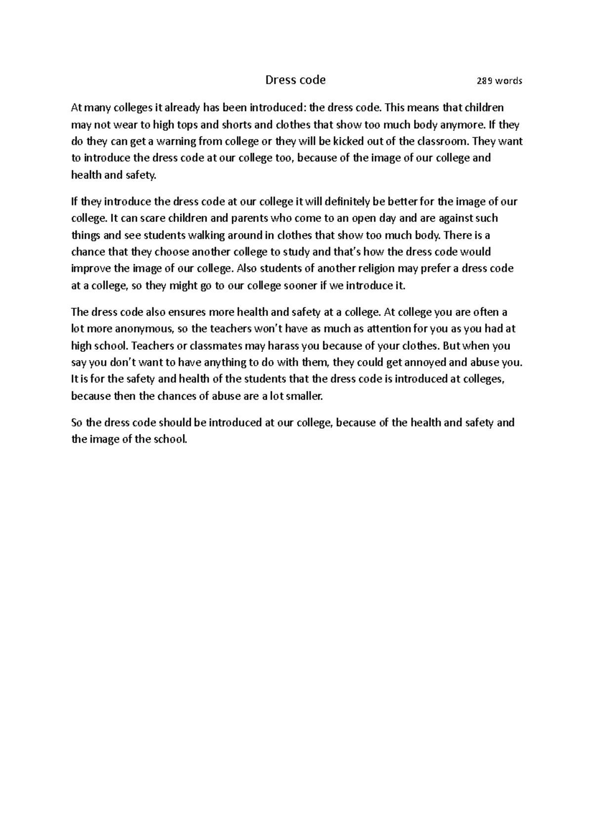 Dress Code Essay - College Policy Implications & Benefits - Studeersnel