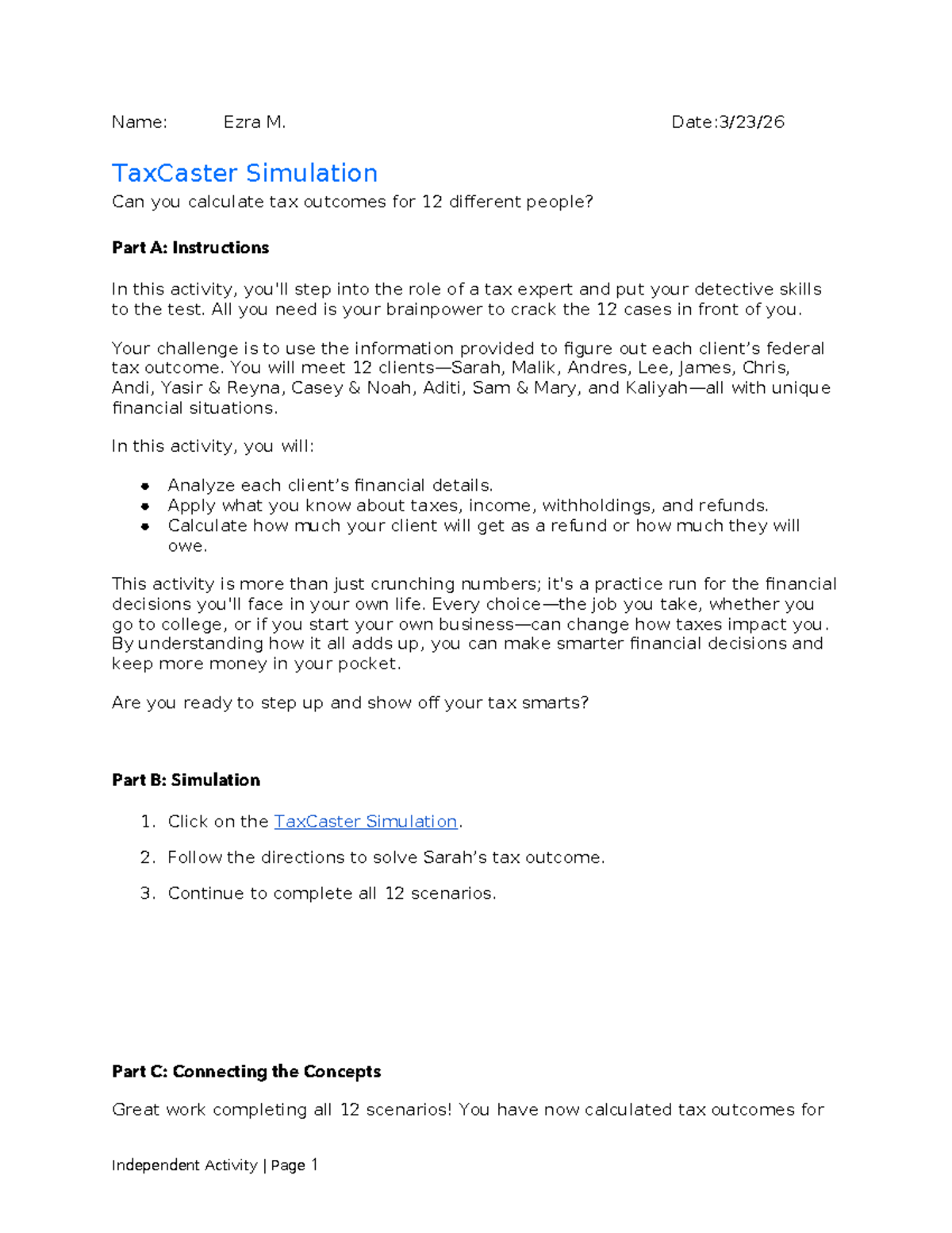 TaxCaster Simulation Worksheet: Analyzing 12 Tax Outcomes - Studocu