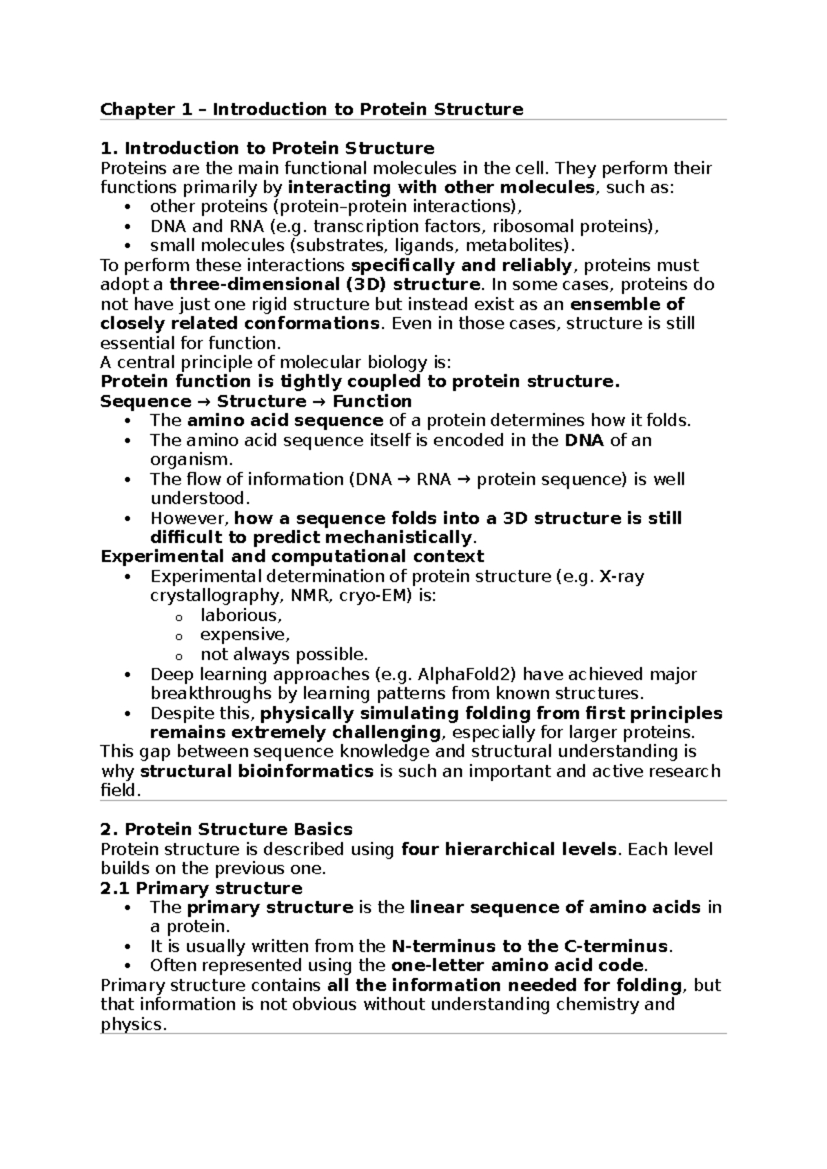 SB- Chapter 1: Introduction to Protein Structure - Key Notes - Studeersnel