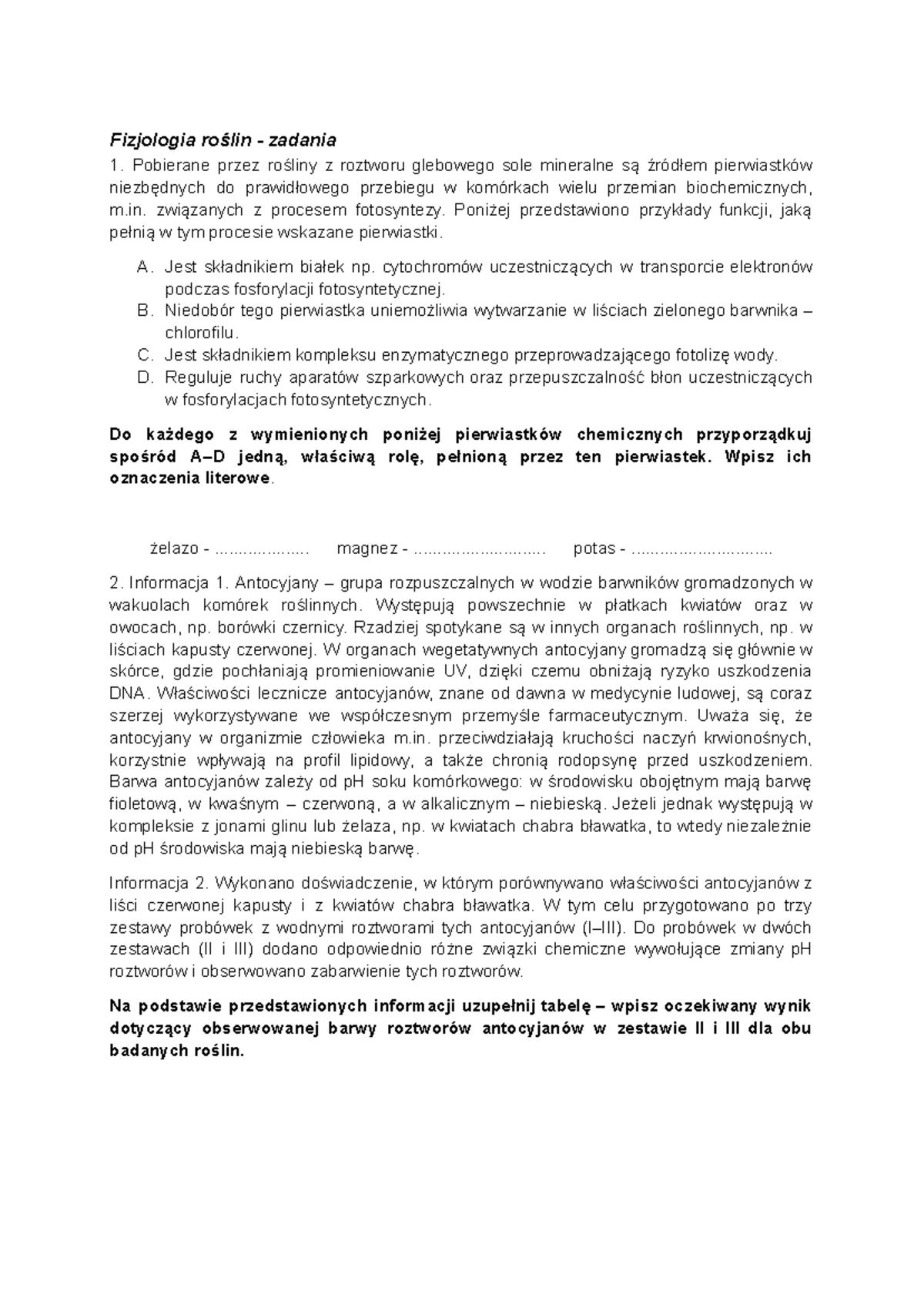 Sprawdzian biologia - spr - Wersja A Test podsumowujący rozdział II