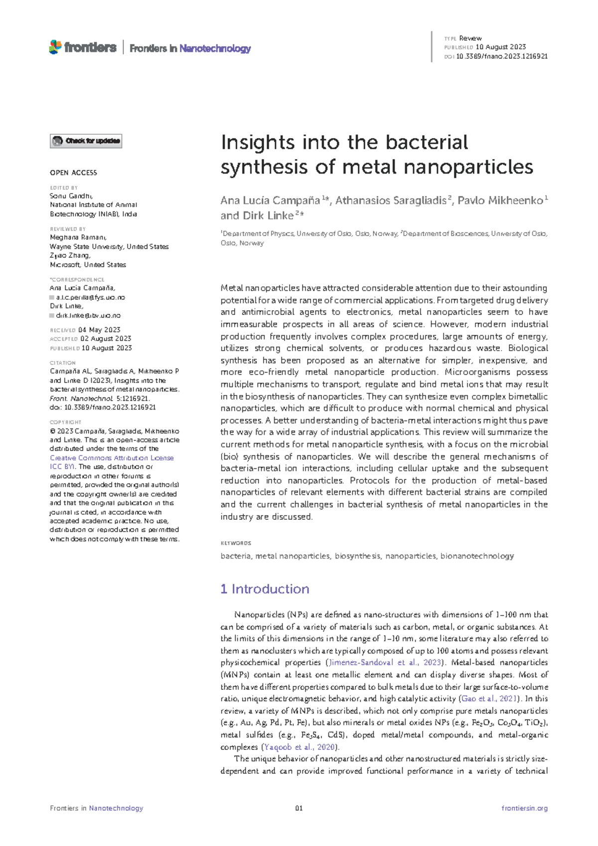 Insights into Bacterial Synthesis of Metal Nanoparticles (FNANO-05 ...