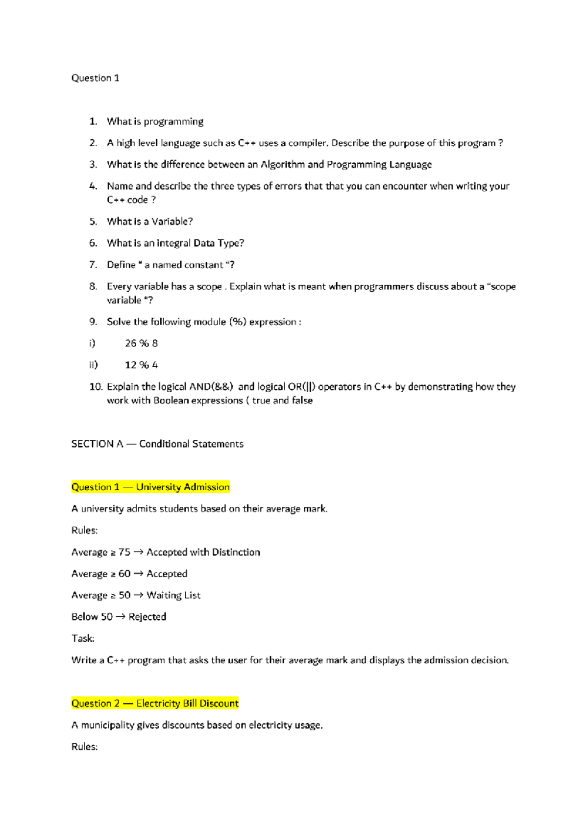 2026314 - Programming Concepts and Conditional Statements - Studocu