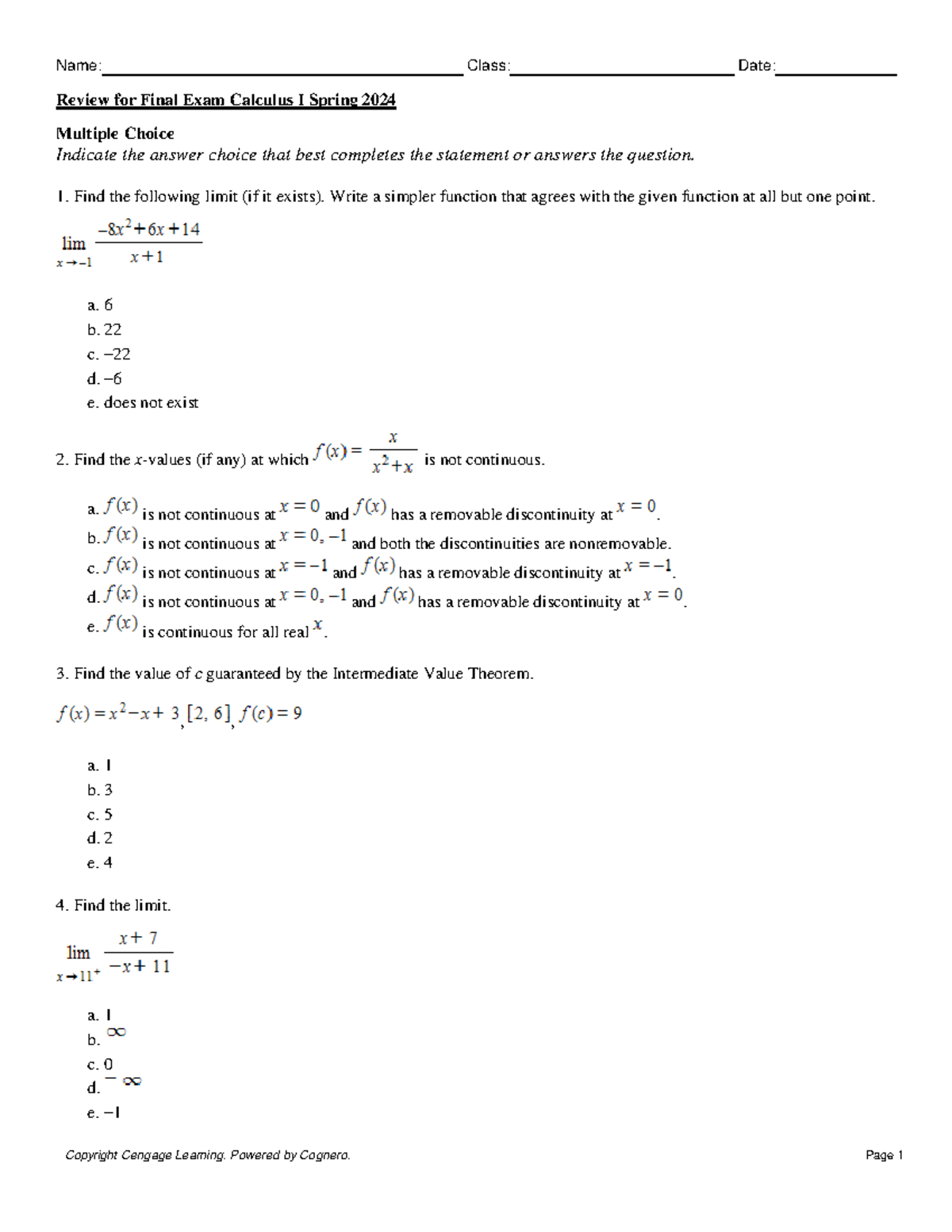 Comprehensive Review for Final Exam: Calculus I (Spring 2024) - Studocu