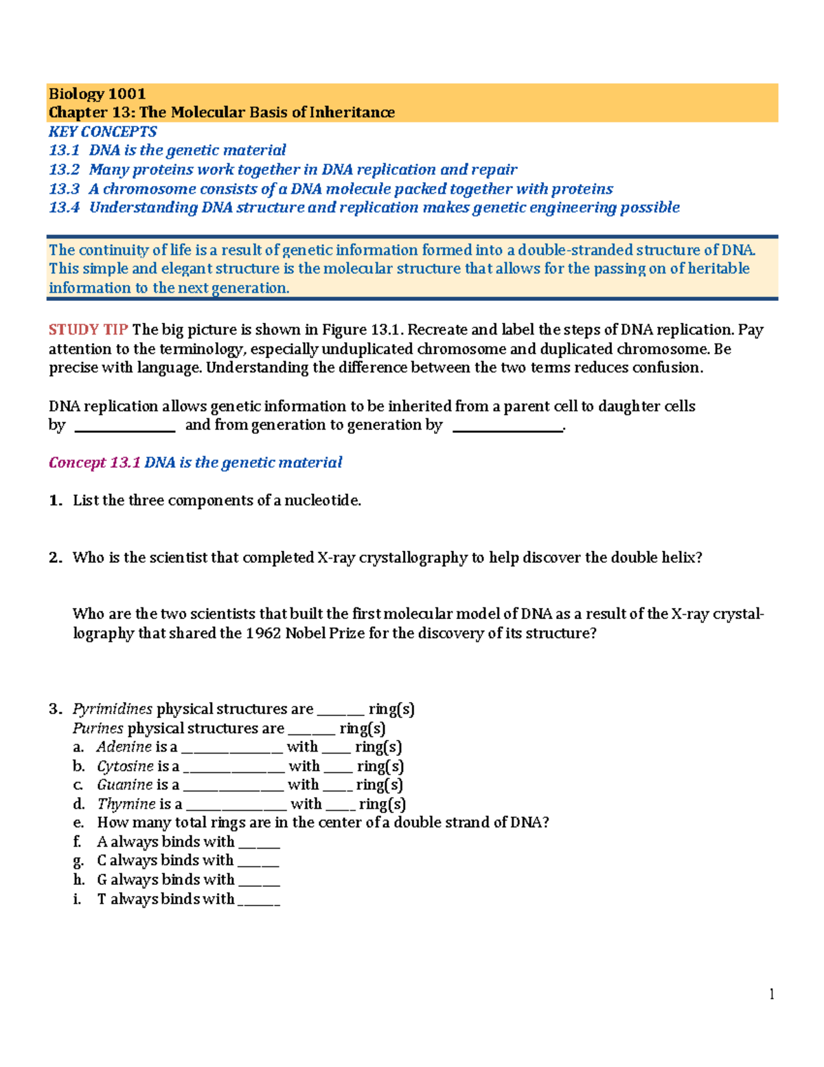 Biology 1001 Chapter 13: Molecular Basis of Inheritance - Studocu