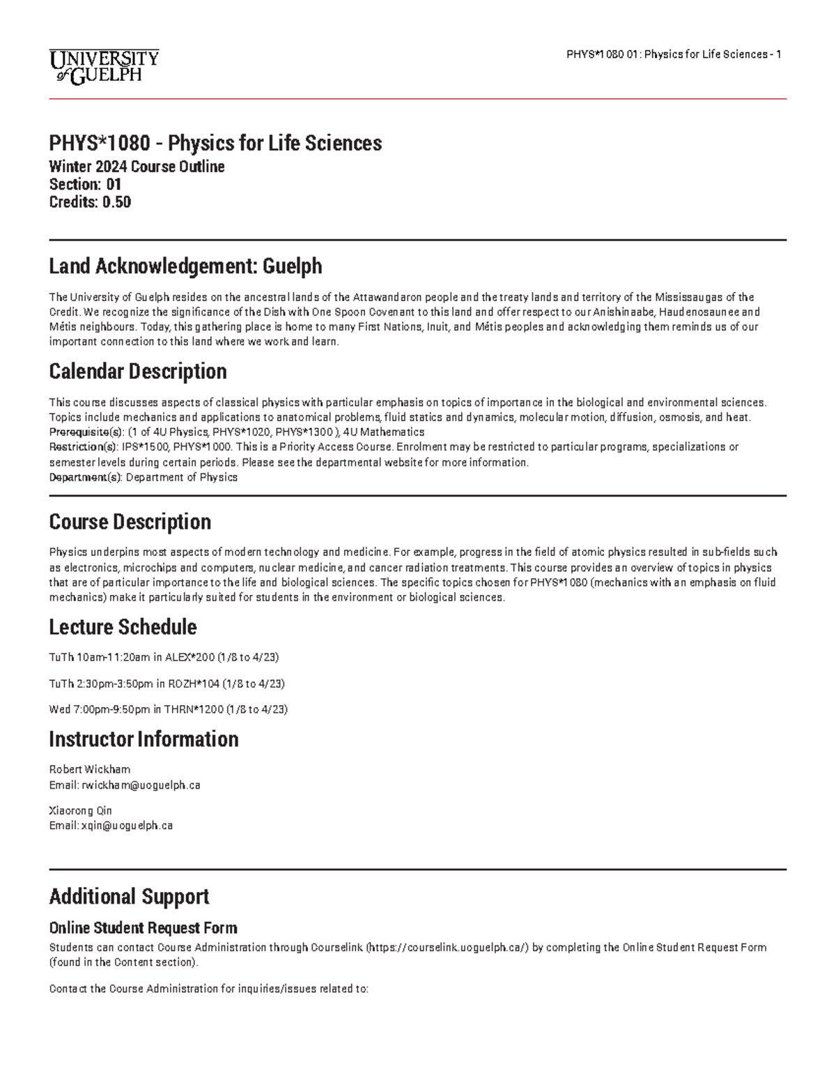 PHYS*1080 Winter 2024 Course Outline and Important Information - Studocu