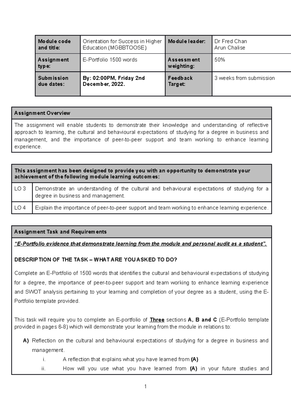 E-Portfolio Assignment Guide (MGBBTOOSE) - Submission Due Dec 2, 2022 ...