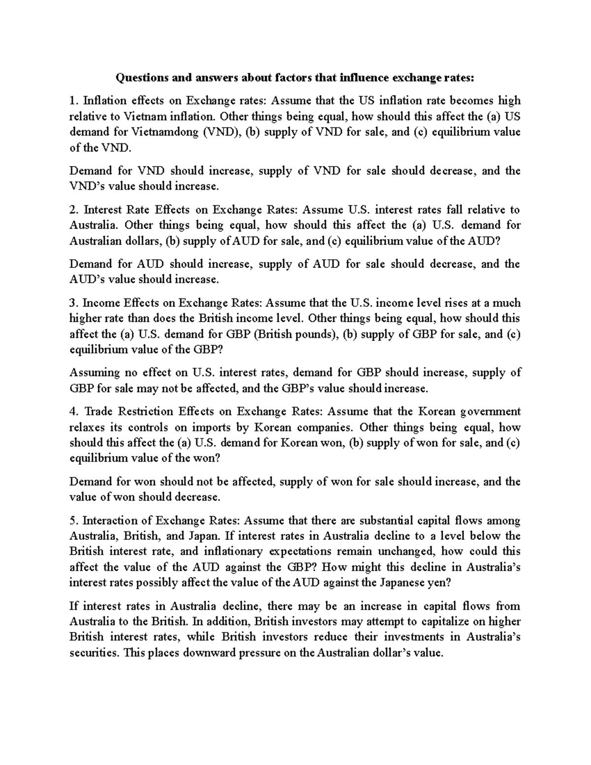 Factors Influencing Exchange Rates: Q&A Analysis - Studocu