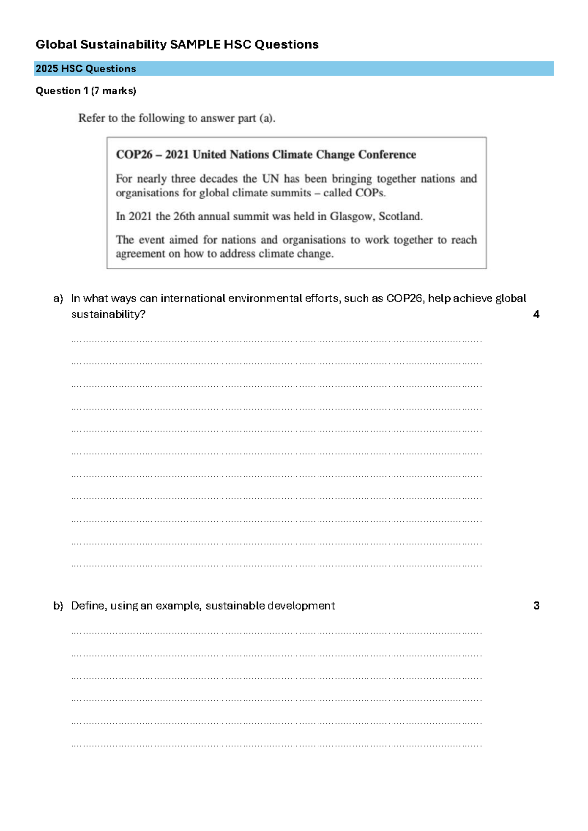 Global Sustainability HSC Sample Questions 2025 - Part A - Studocu