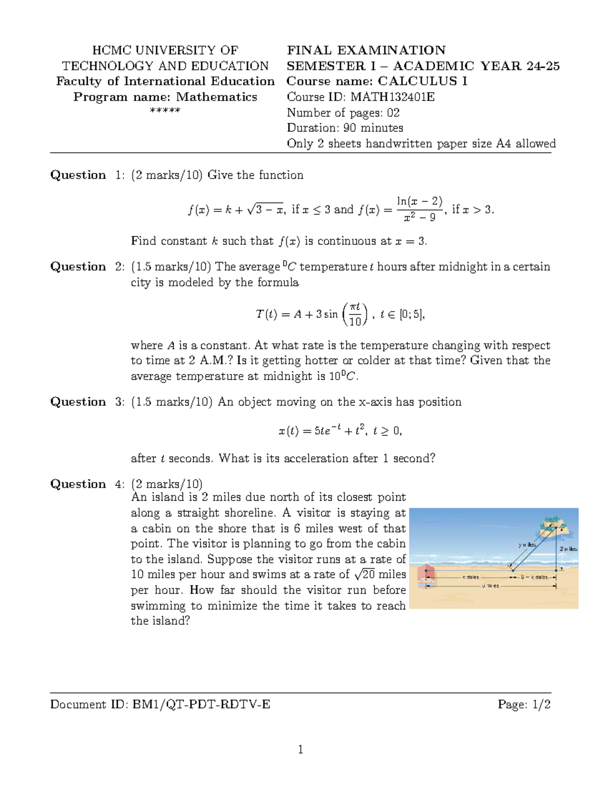 Final Exam MATH132401E: Calculus I - Semester I 2024 - Studocu