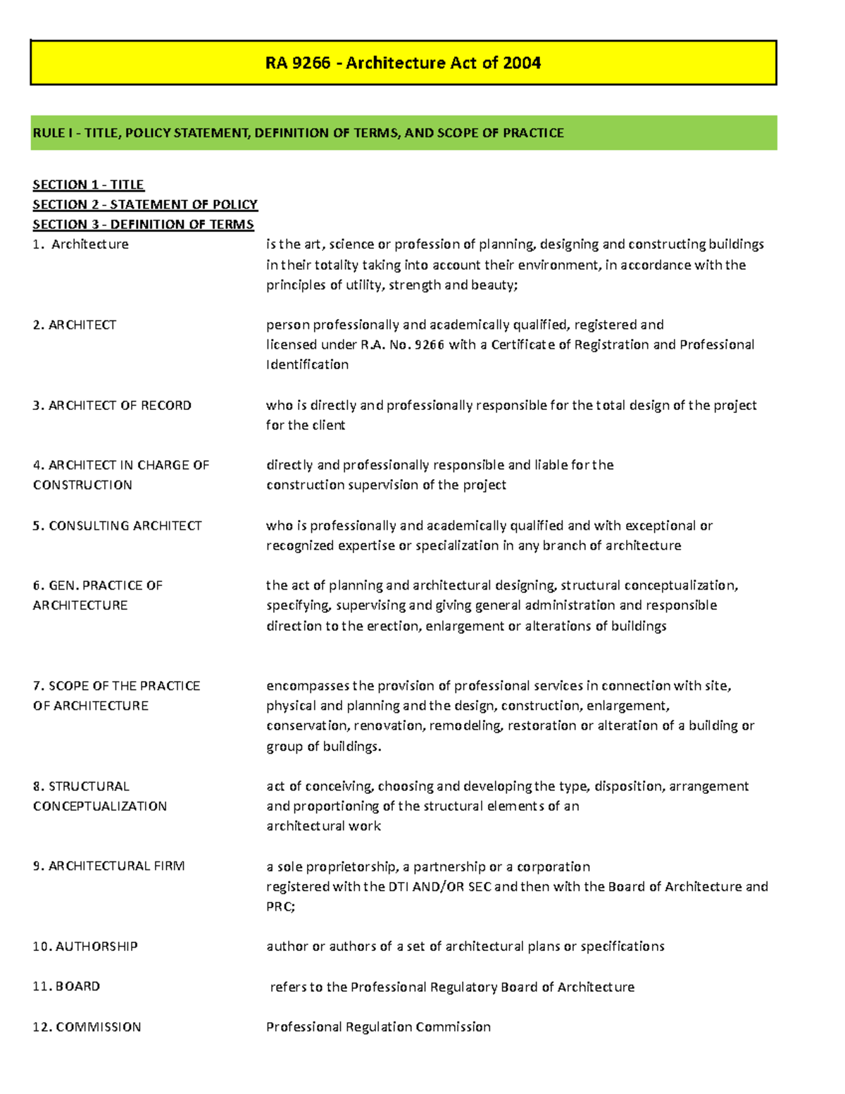 225221381 Overview of RA 9266: Architecture Act of 2004 Summary - Studocu