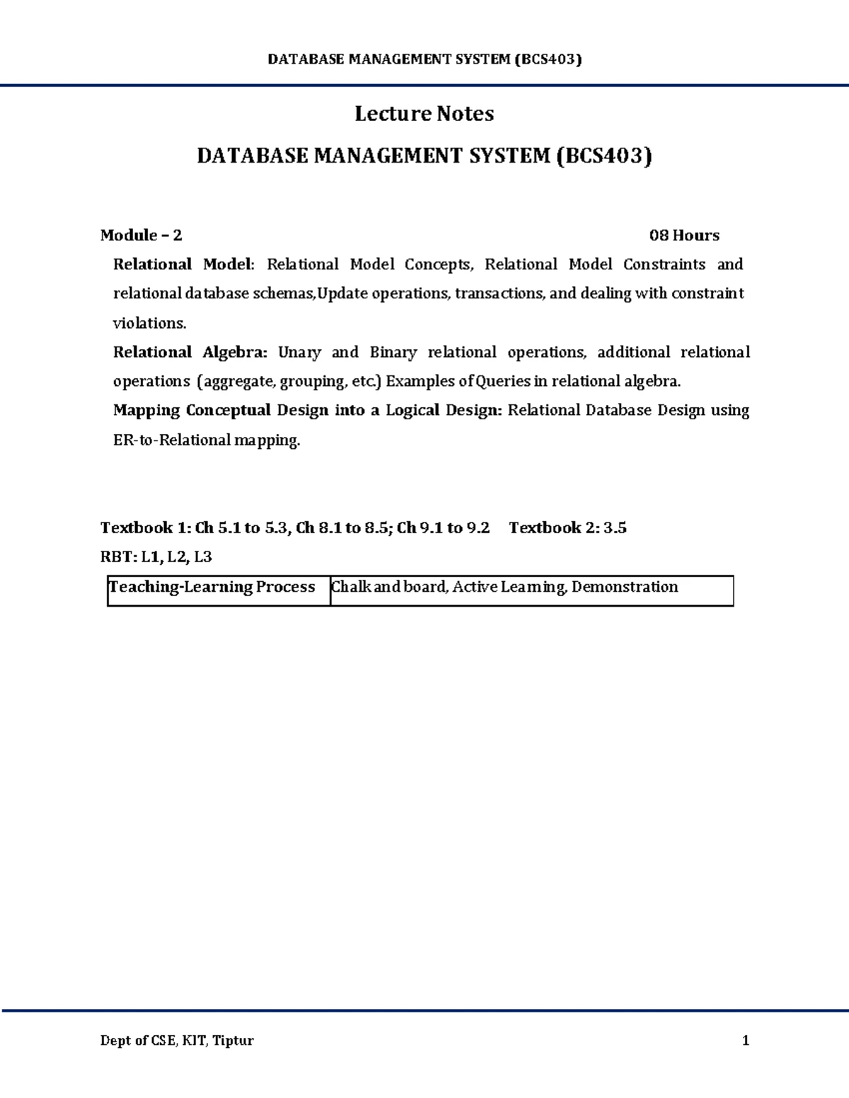 DATABASE MANAGEMENT SYSTEM (BCS403) Lecture Notes on Normalization ...
