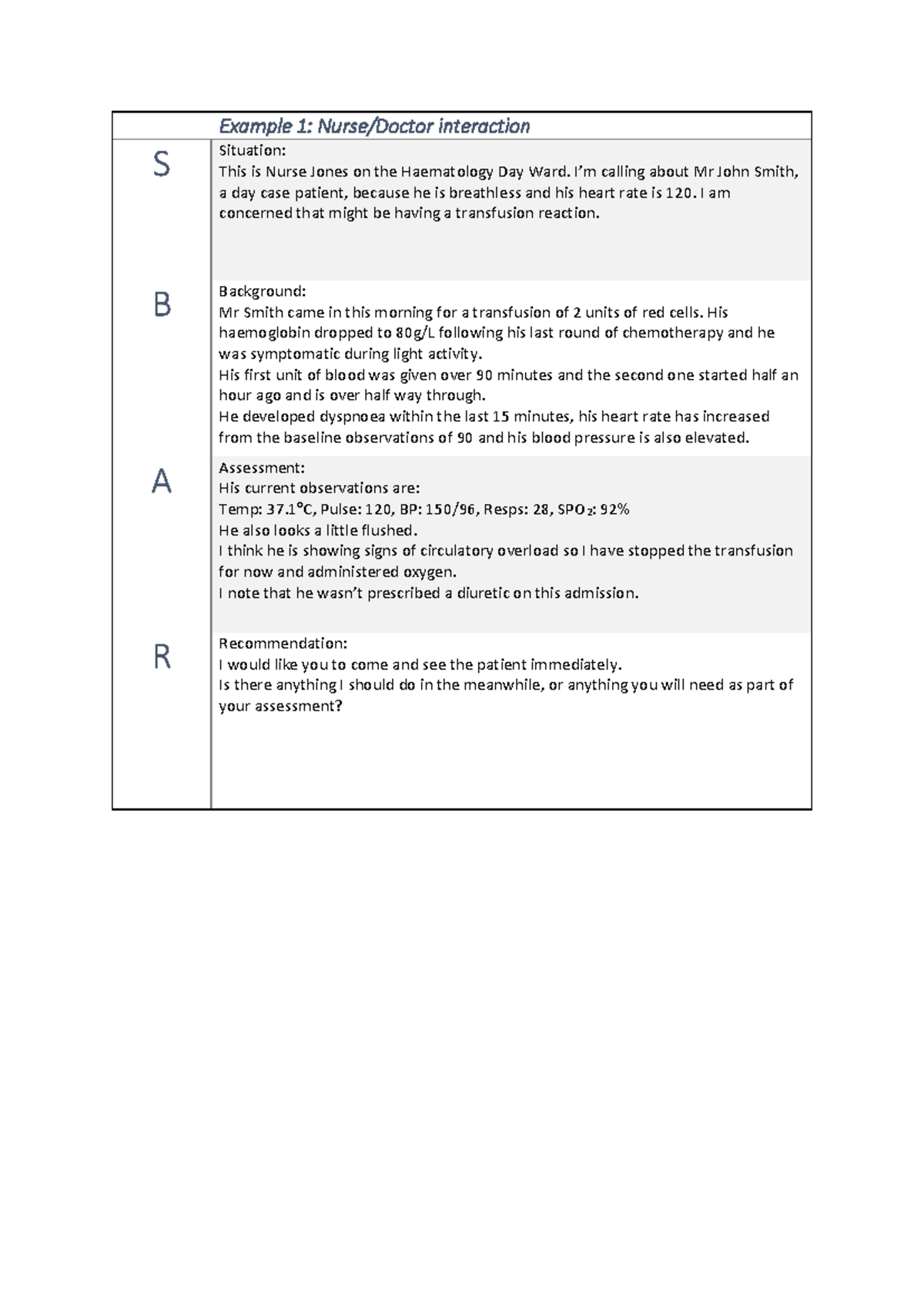SBAR Nursing Examples for Effective Communication in Healthcare - Studocu