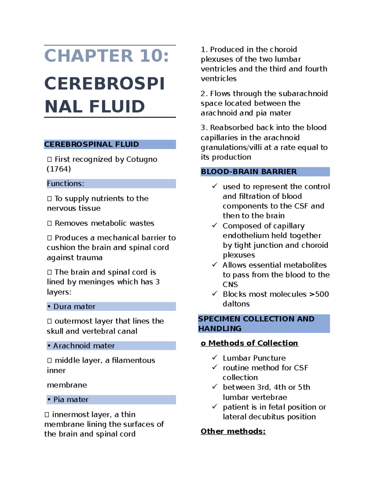Cerebrospinal Fluid - AUB F - CHAPTER 10: CEREBROSPI NAL FLUID ...