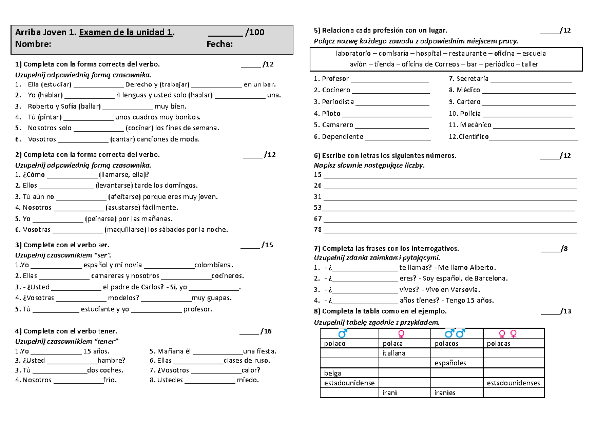 Examen de Unidad 1 - Arriba Joven 1: Ejercicios y Actividades - Studocu