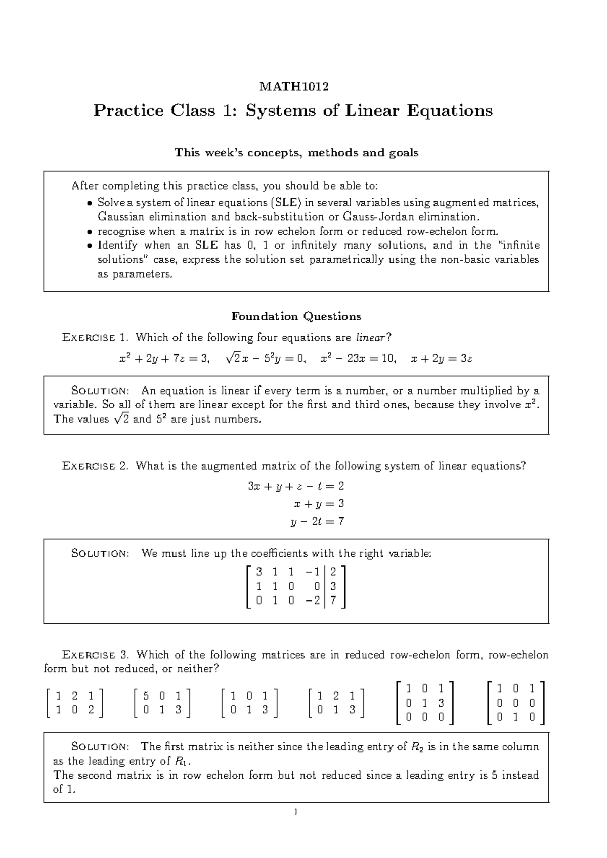 MATH1012 Practice Class 1 Solutions: Systems of Linear Equations - Studocu
