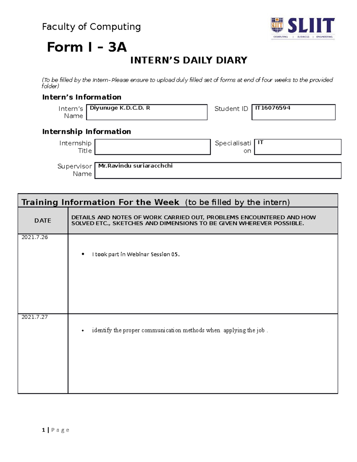 IT16076594-Week 5-8 - Internship Daily Diary & Training Notes - Studocu