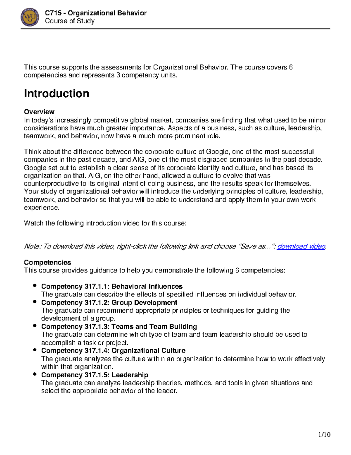 C715 Organizational Behavior Course Syllabus and Competency Overview ...