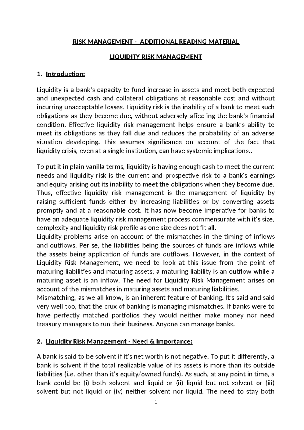 Liquidity Risk Management: Key Principles and Practices for Banks - Studocu
