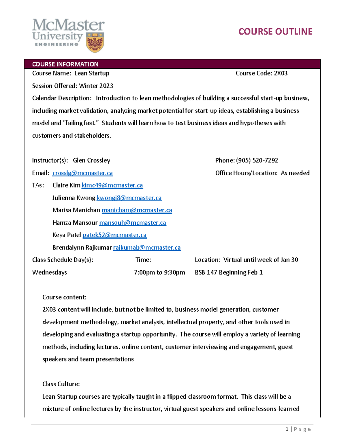 Lean Startup Course Outline 2X03 - Winter 2023 Edition - Studocu