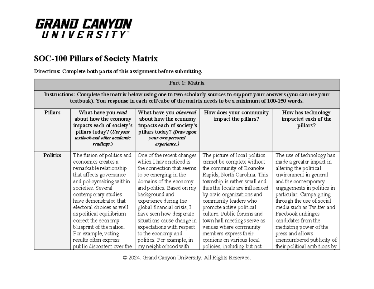 Week 7 soc 100 - Matrix week 7 - SOC-100 Pillars of Society Matrix ...
