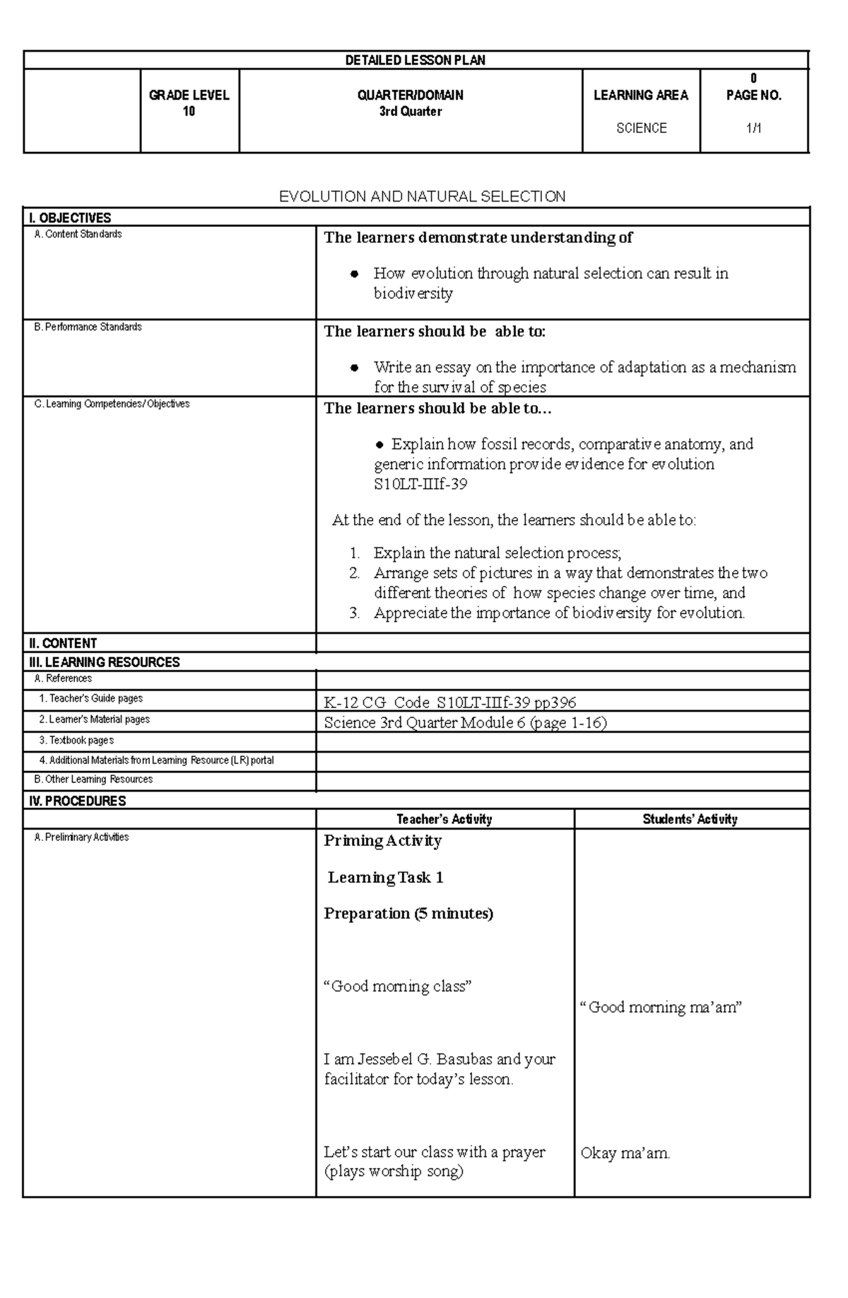 Evolution & Natural Selection - Detailed LP for Sci 10, 3rd Quarter ...