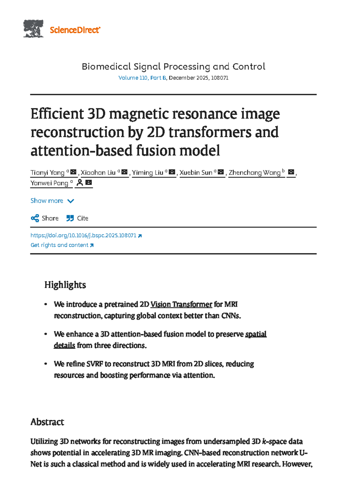 Efficient 3D MRI Reconstruction Using 2D Transformers and Fusion Model ...