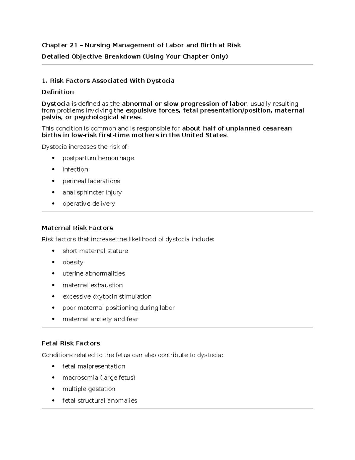 Nursing Management of Labor and Birth at Risk: Chapter 21 Objectives ...