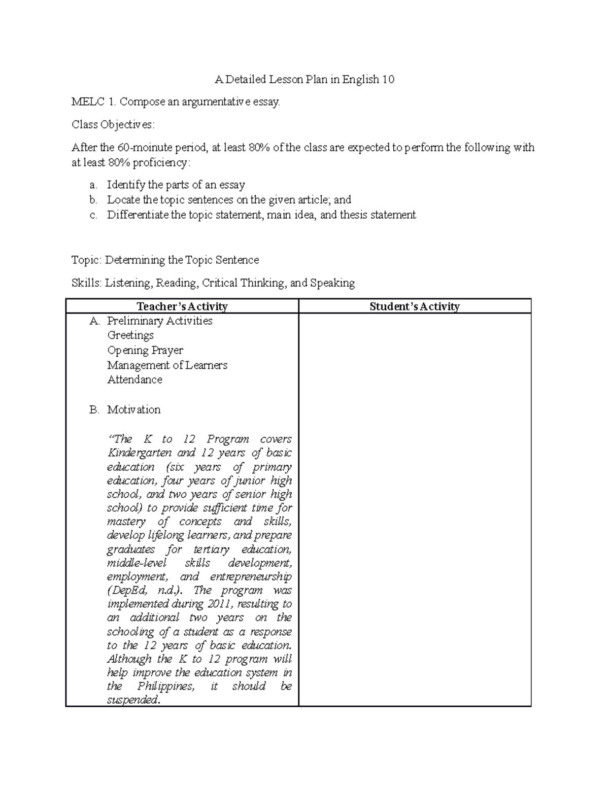 Lesson Plan: Argumentative Essay Skills in English 10 - Studocu
