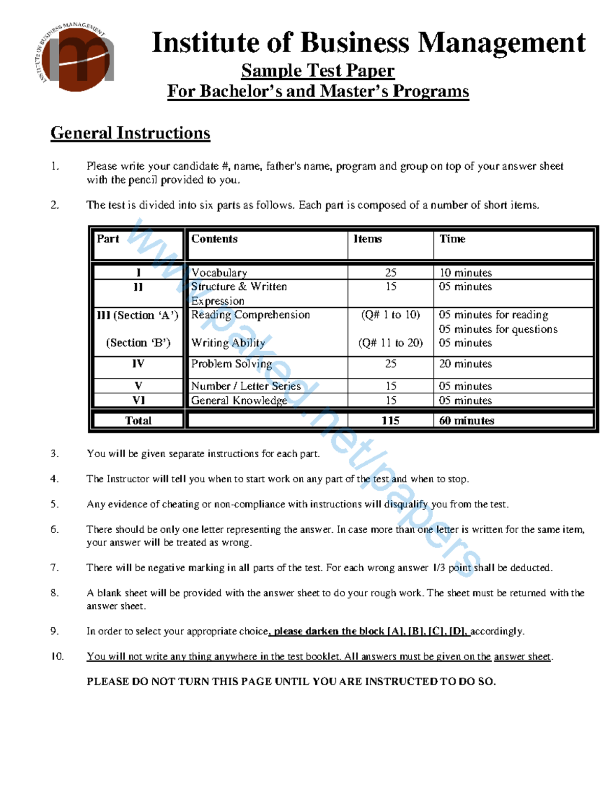 IOBM Sample Test Paper: Past Papers for Bachelor’s & Master’s Programs ...