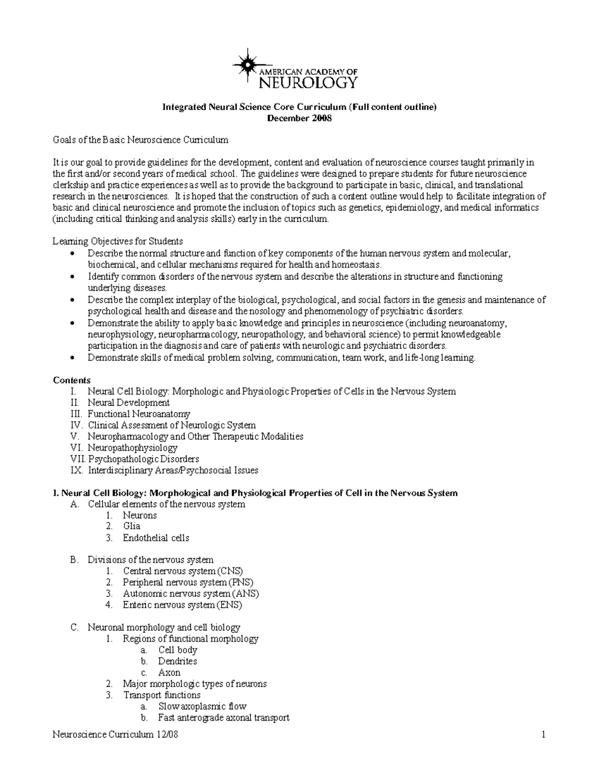 Integrated Neural Science Core Curriculum (Full Content Outline) - Studocu