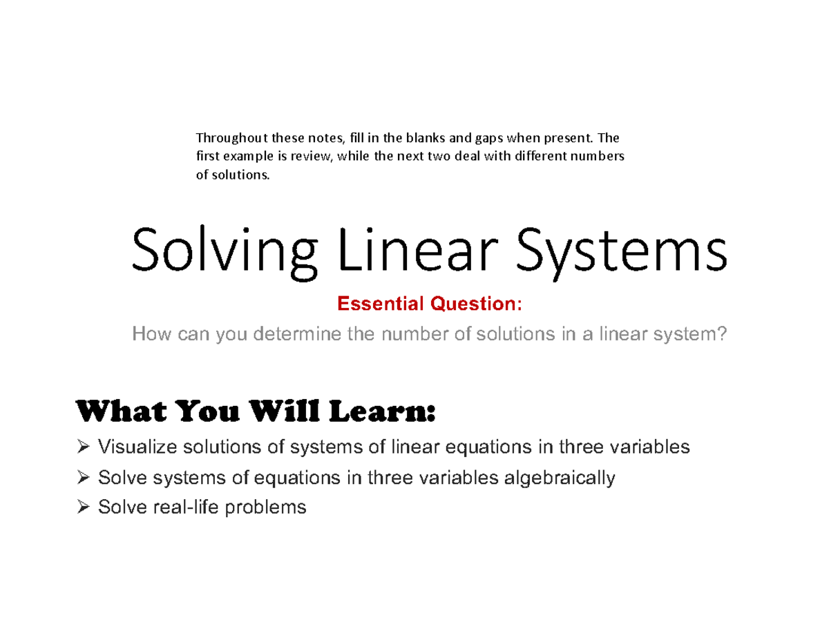 1.4 Student Notes: Solving Linear Systems in Three Variables - Studocu