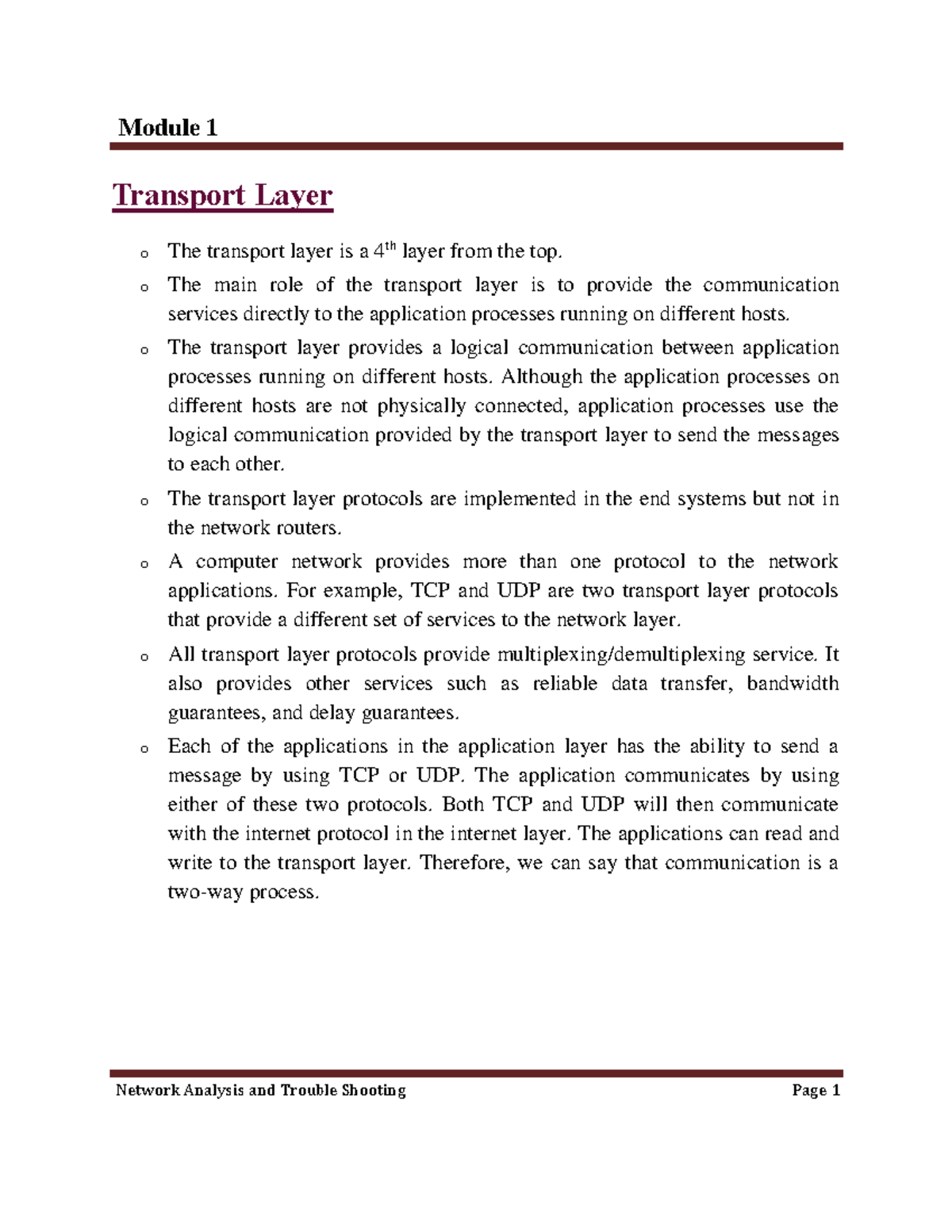 Module 1 - Transport Layer Overview and Key Protocols CNT - Studocu