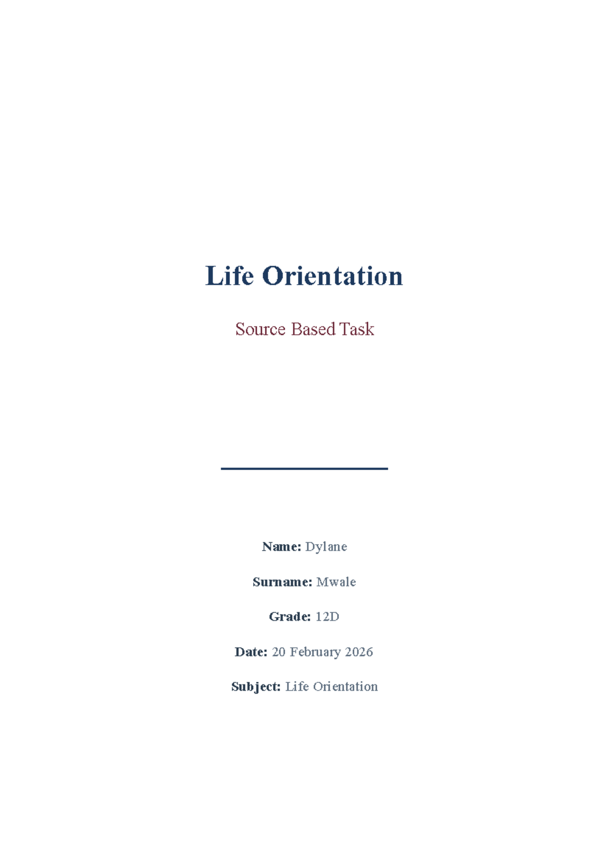 Life Orientation Grade 12D Source-Based Task: Stress & Youth ...