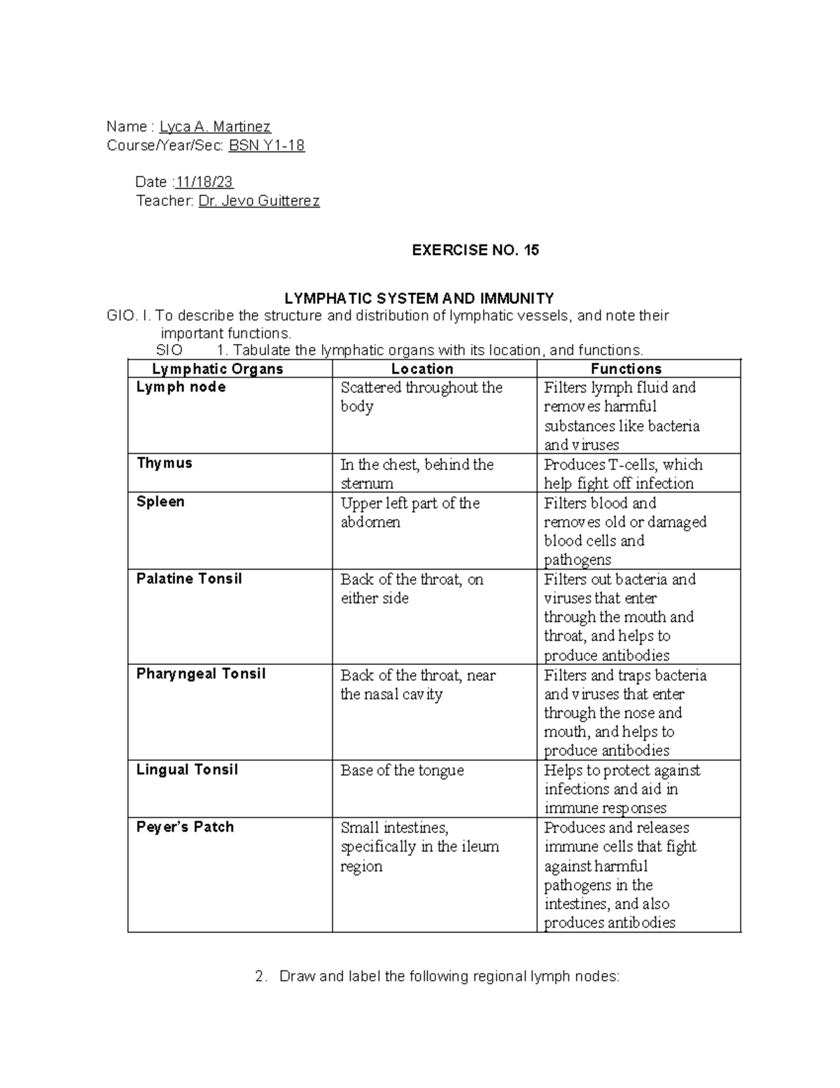 LAB Exercise 15: Lymphatic System & Immune Function Analysis - Studocu