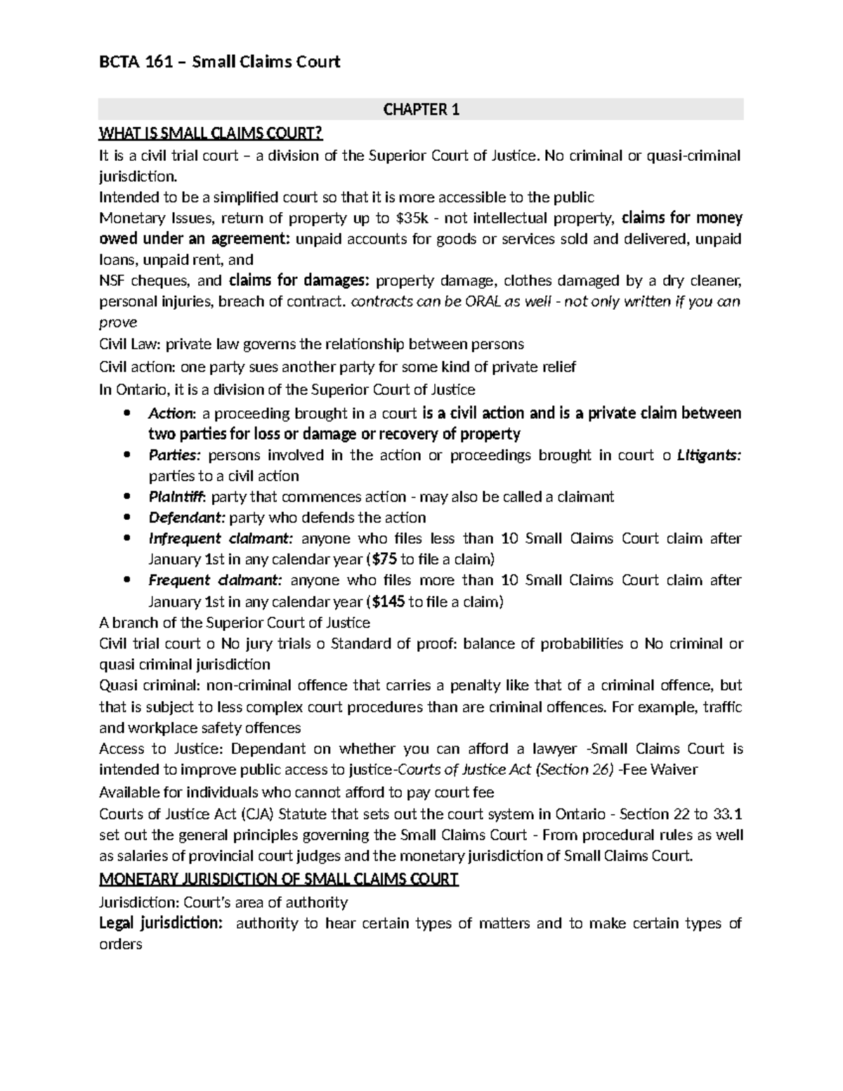 BCTA 161 Small Claims Court: Chapter 1 Overview and Key Concepts - Studocu