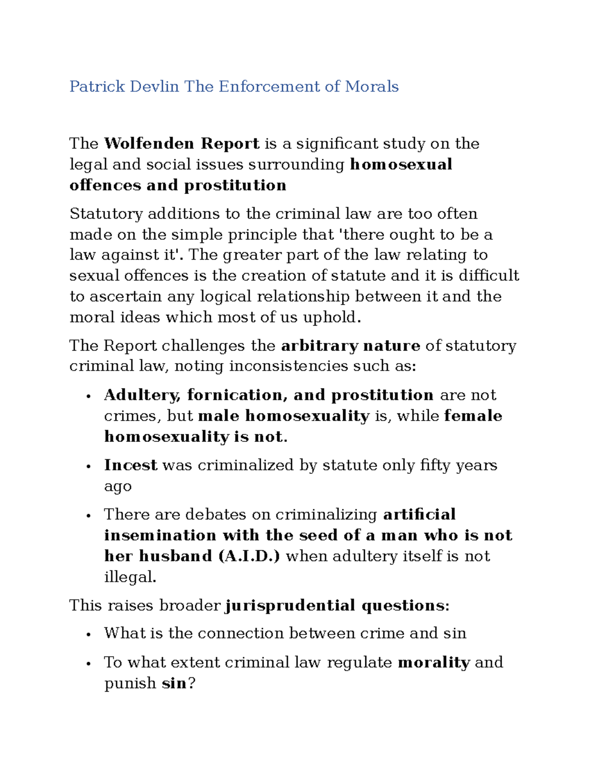 Patrick Devlin The Enforcement of Morals (page 1-3 summary) - Patrick ...