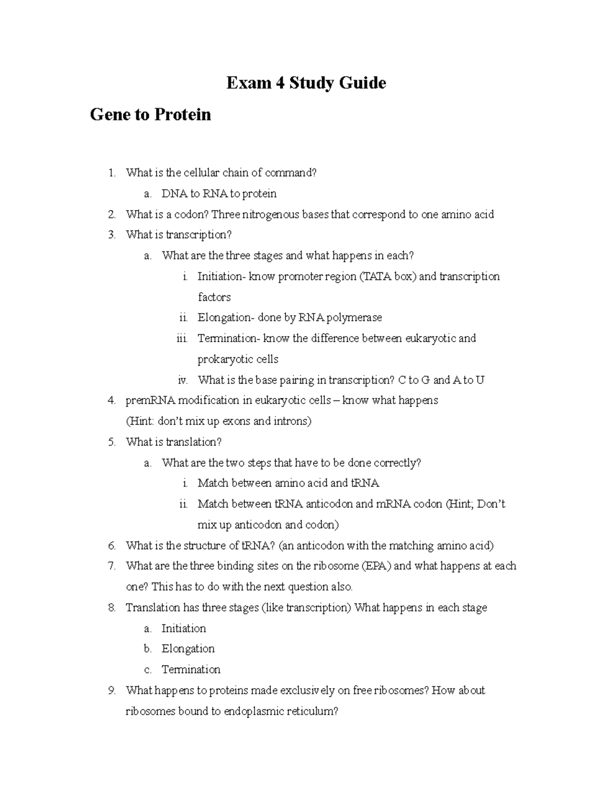 Bio Fourth Exam Study Guide - Exam 4 Study Guide Gene to Protein What ...