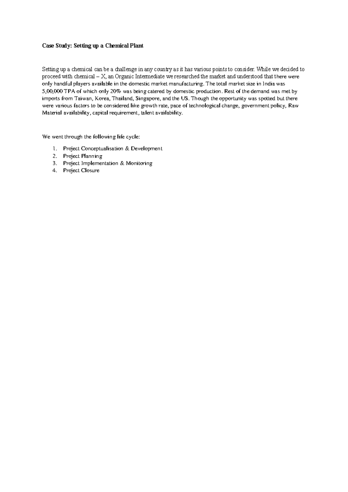 Case Study A - Case Study: Setting up a Chemical Plant Setting up a ...