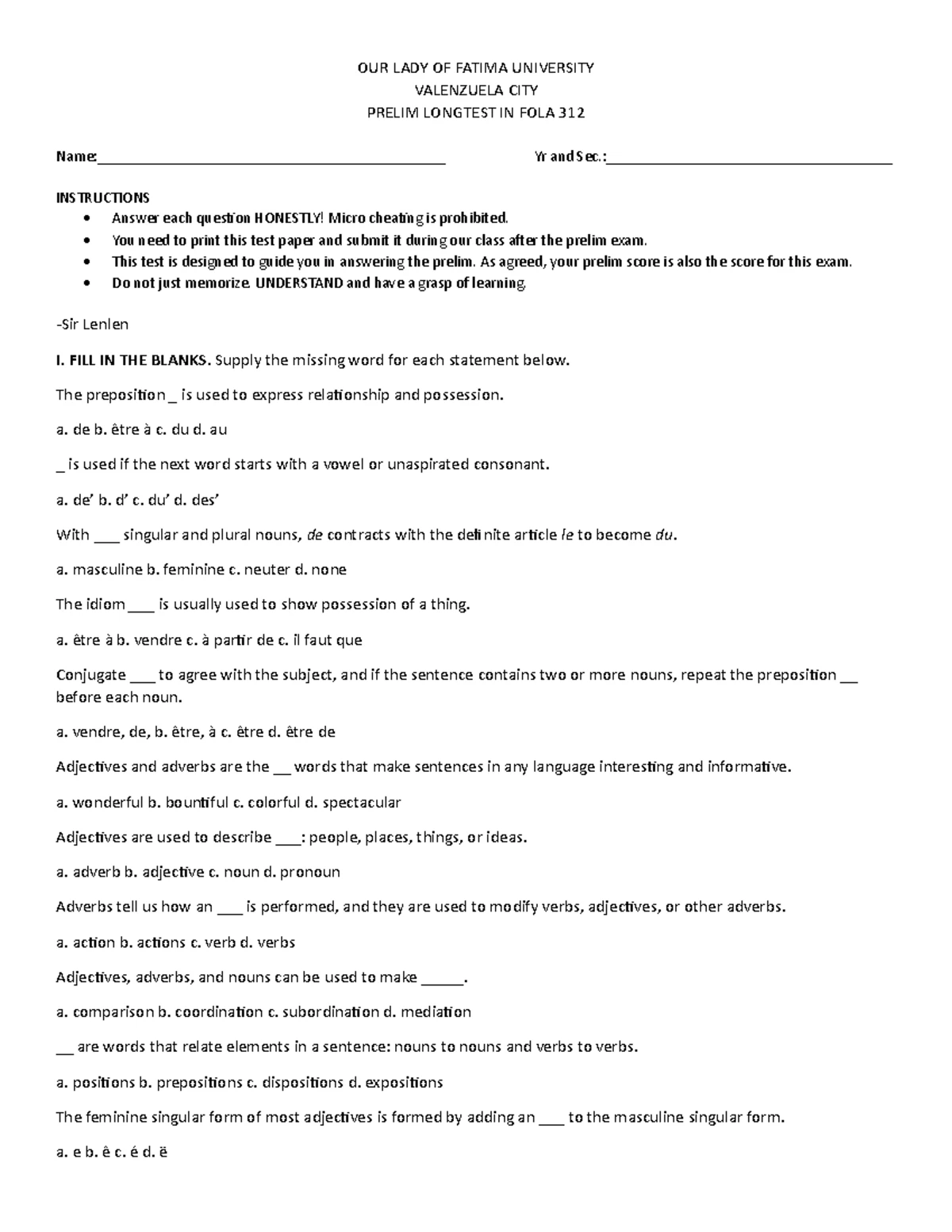FOLA 312 Midterm Longtest: French Translation & Conjugation Exercises ...