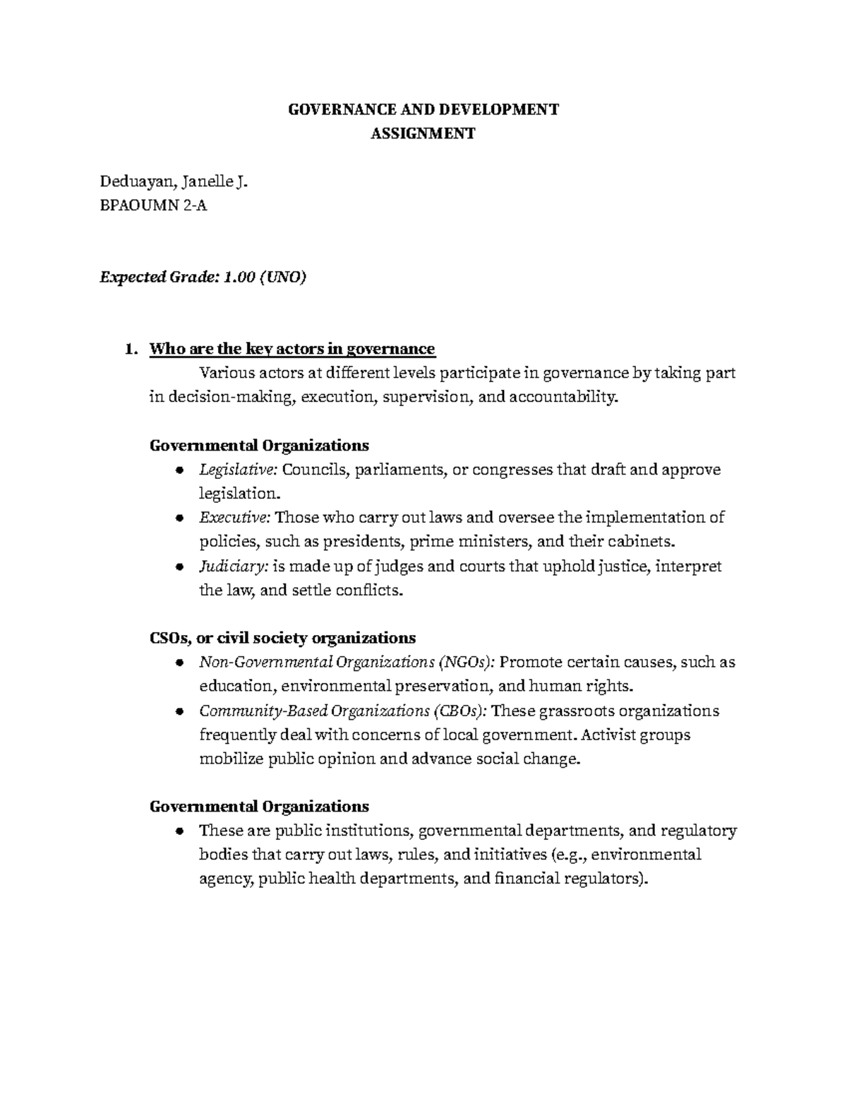 Assignment in Gov & Dev - N/A - GOVERNANCE AND DEVELOPMENT ASSIGNMENT ...