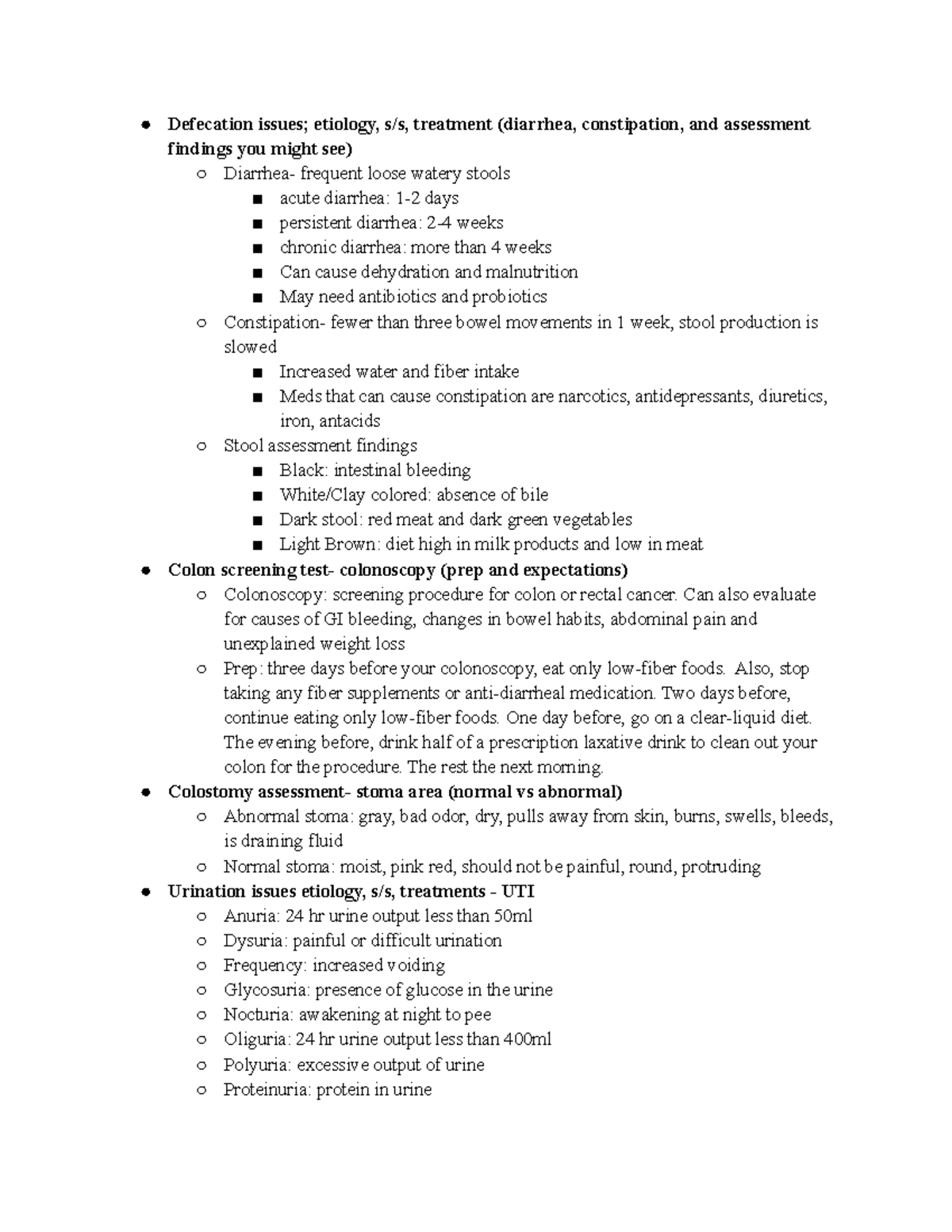Study Guide EXAM 3 - Defecation issues; etiology, s/s, treatment ...