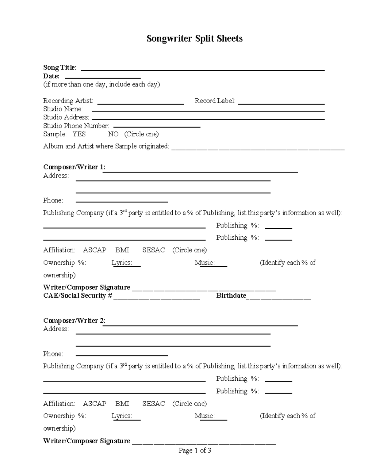 Songwriter Split Sheet Template for Collaboration - Studocu