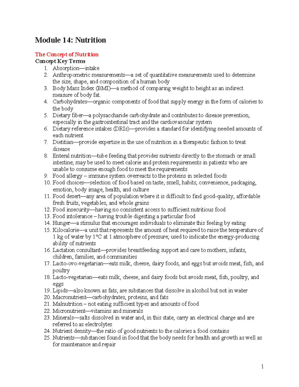 Module 14: Nutrition Lecture Notes - Key Concepts and Terms - Studocu