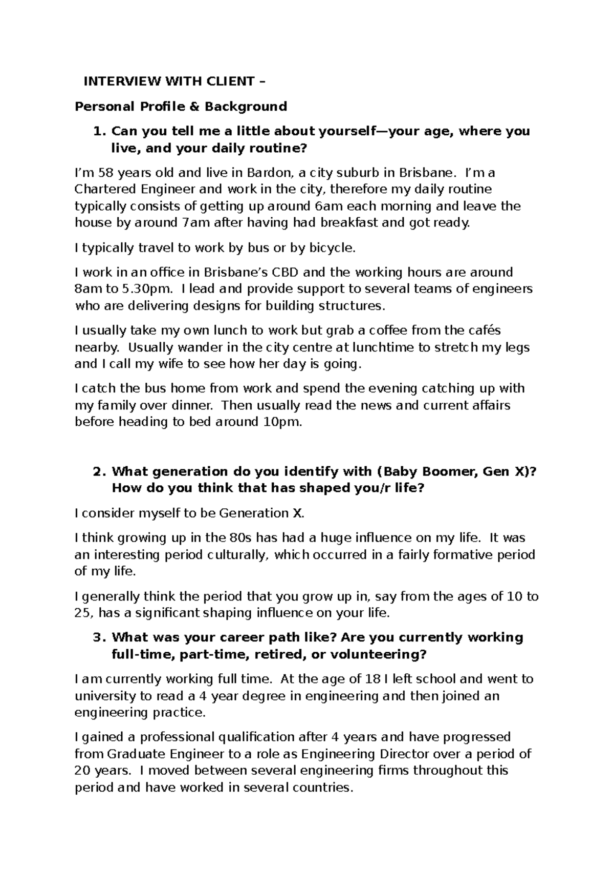 INTERVIEW QUESTIONS - CLIENT PERSONAL PROFILE REVISION - Studocu