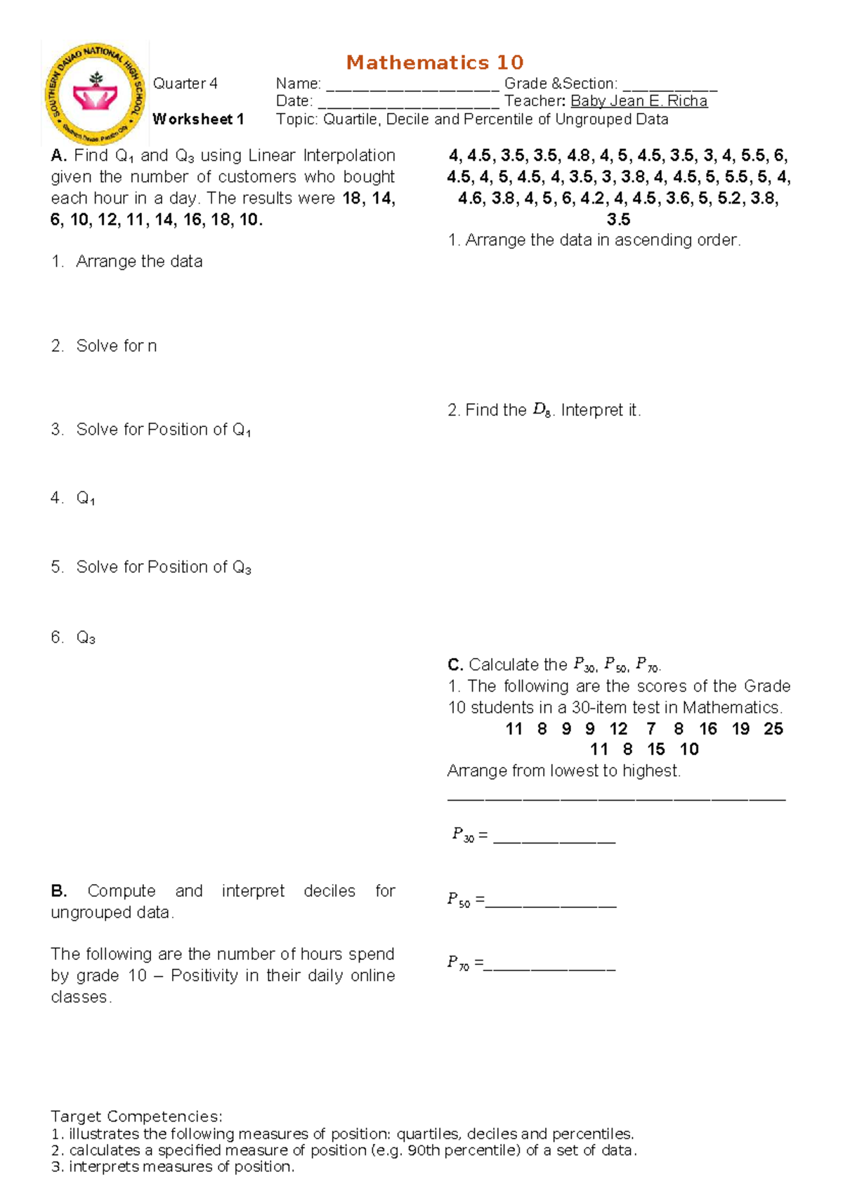 Mathematics 10 Q4 Worksheet 1: Quartiles, Deciles & Percentiles ...