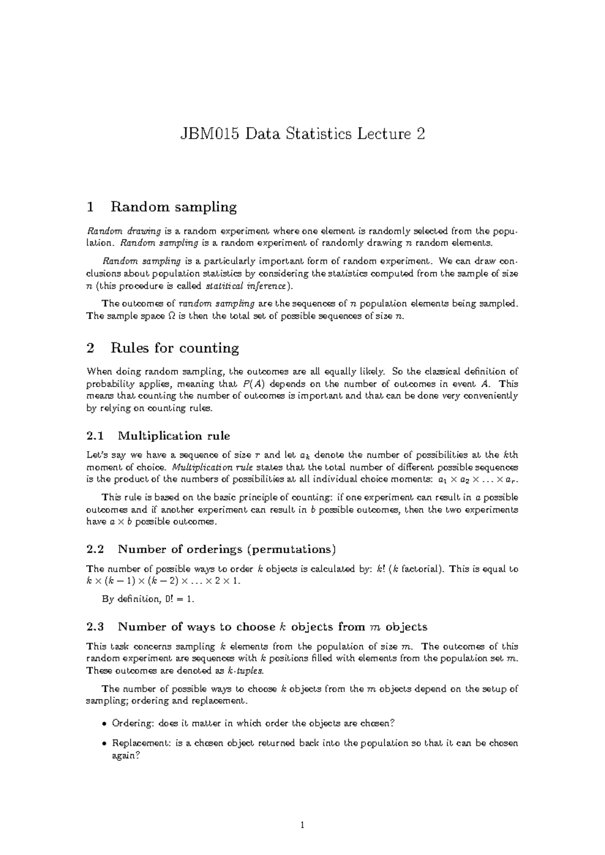Lecture 2 Notes for JBM015 - Statistics: Understanding Random Sampling ...