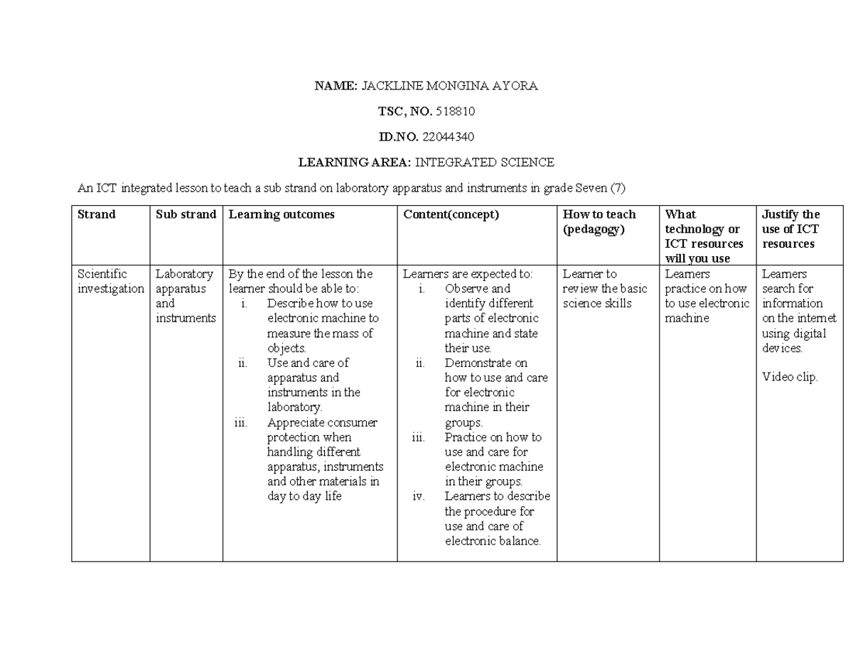 Integrated Science Lesson Plan for Grade 7: Lab Apparatus & ICT - Studocu